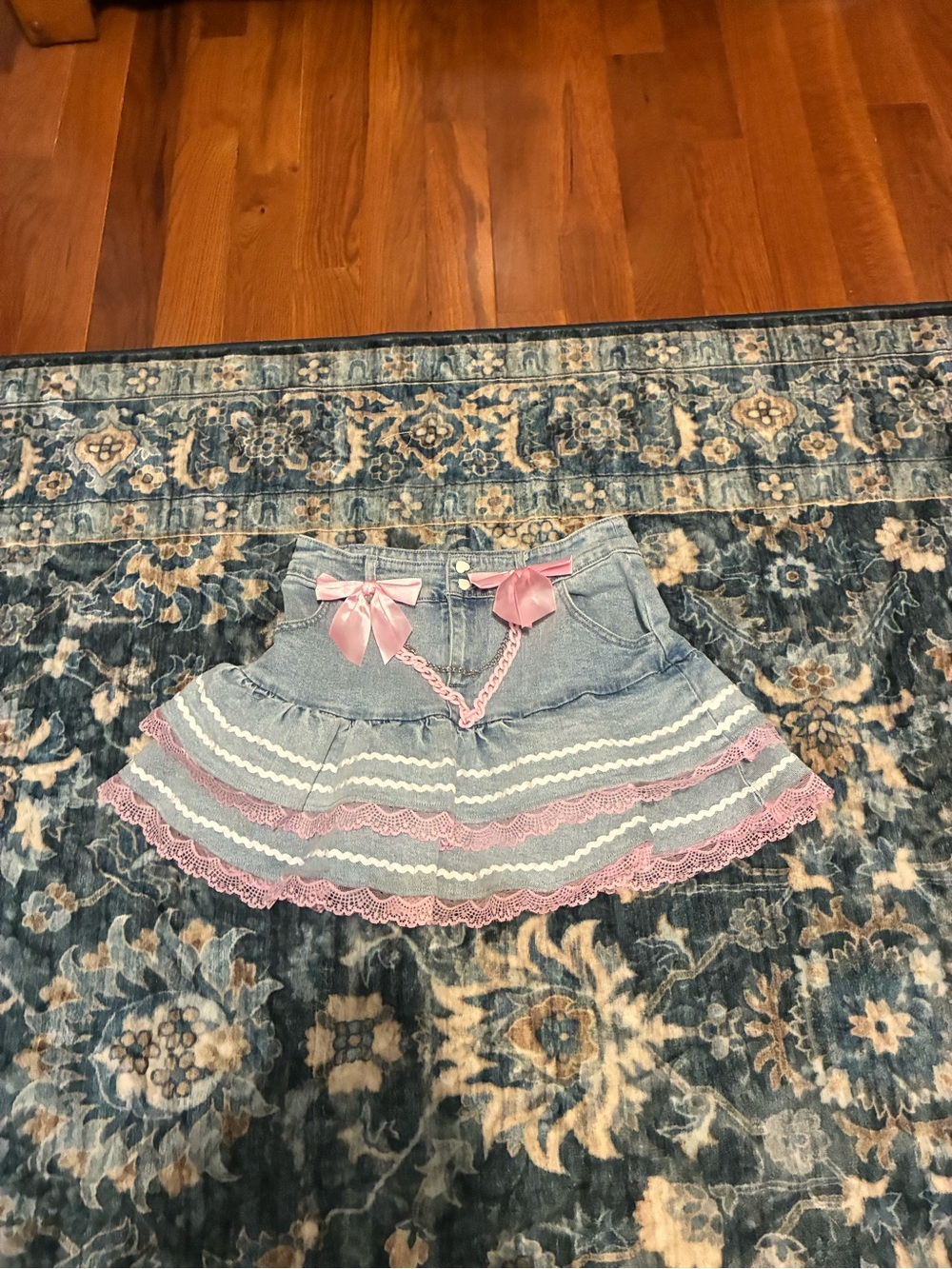 Sweet society Denim Tiered Skirt with Pink Lace & Bows